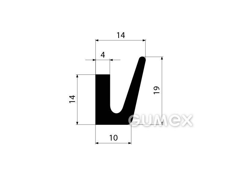 Pryžový profil tvaru "U", 19x14/10mm, 70°ShA, NBR, -40°C/+70°C, černý